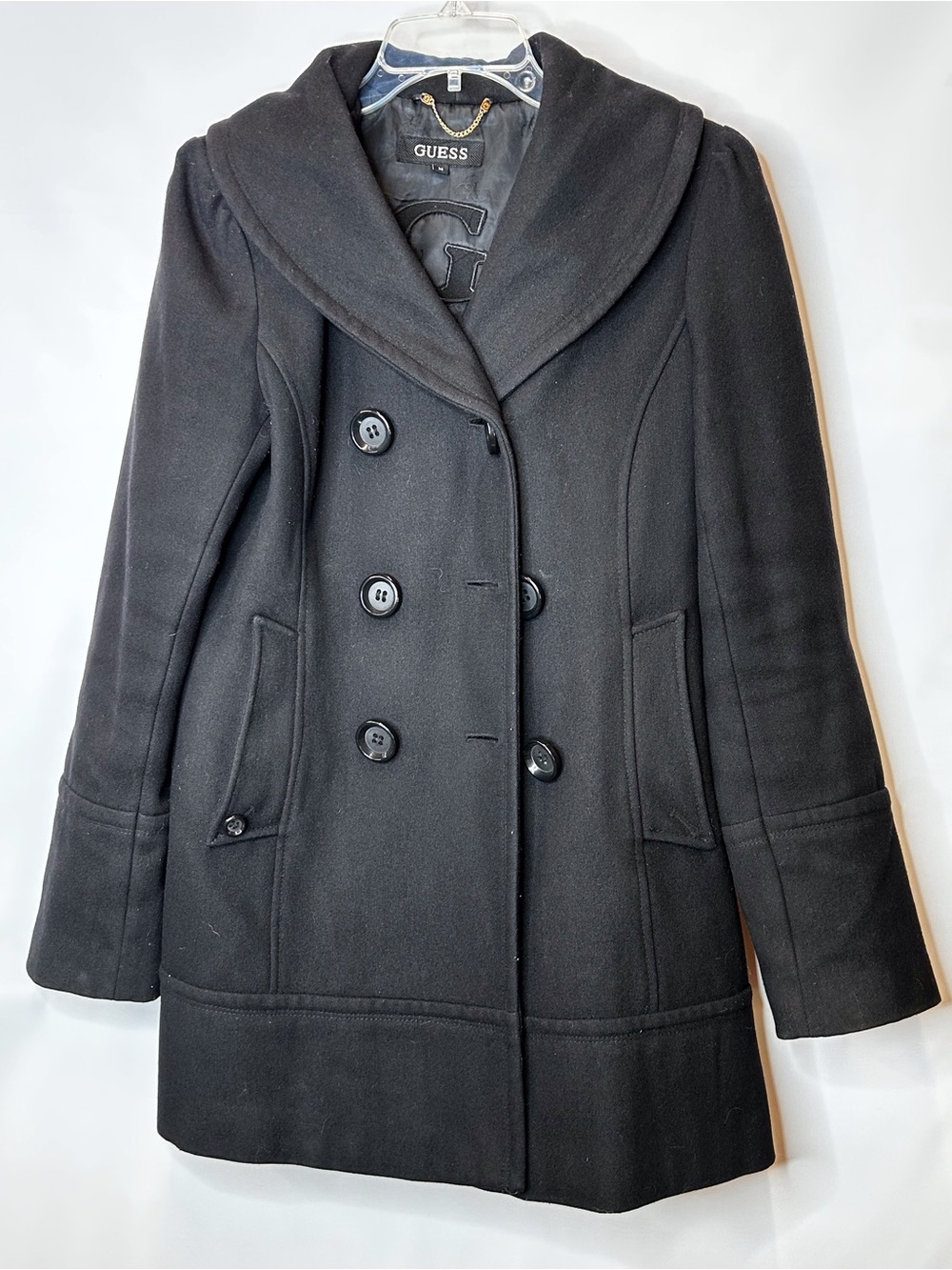 GUESS Black Double-Breasted Pea Coat with Shawl Collar